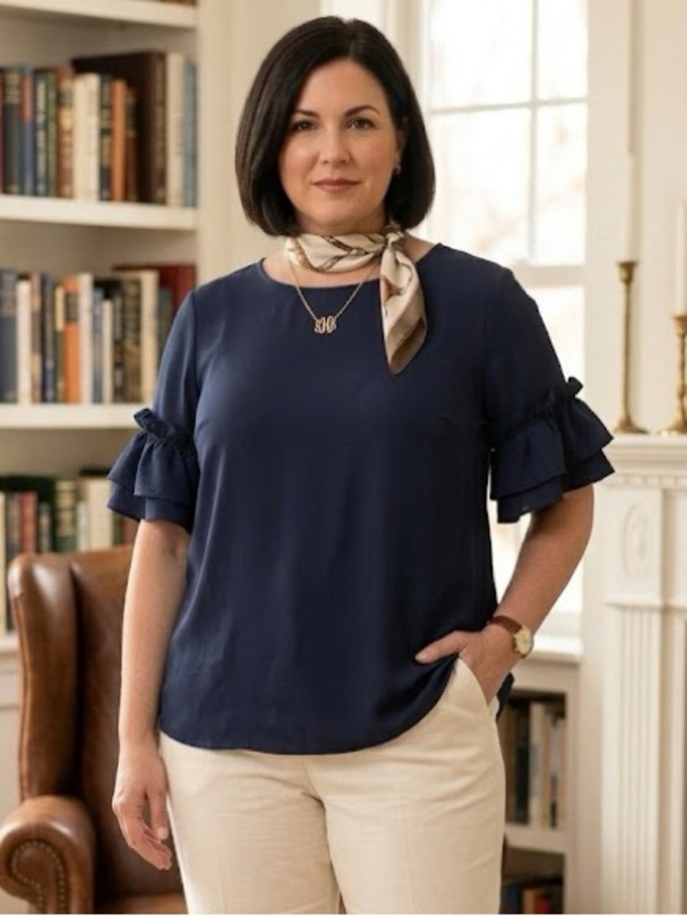 Banana Republic Navy Ruffle Sleeve Short-Sleeve Blouse
